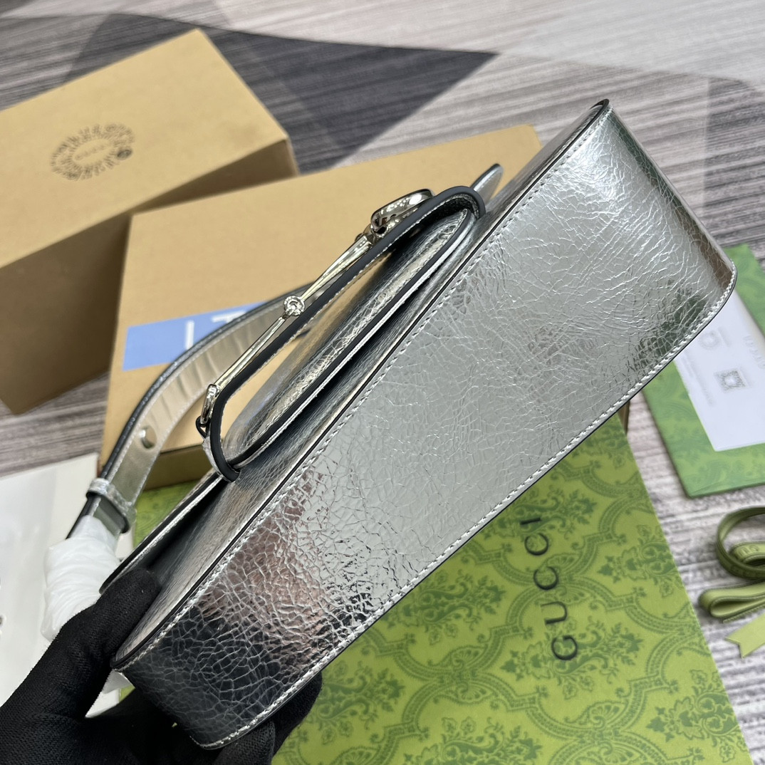 Gvc*1 HORSEBIT 1955 SMALL SHOULDER BAG Metallic silver 10.4"W x 6.7-4.1"H x 3.1-1.6"D