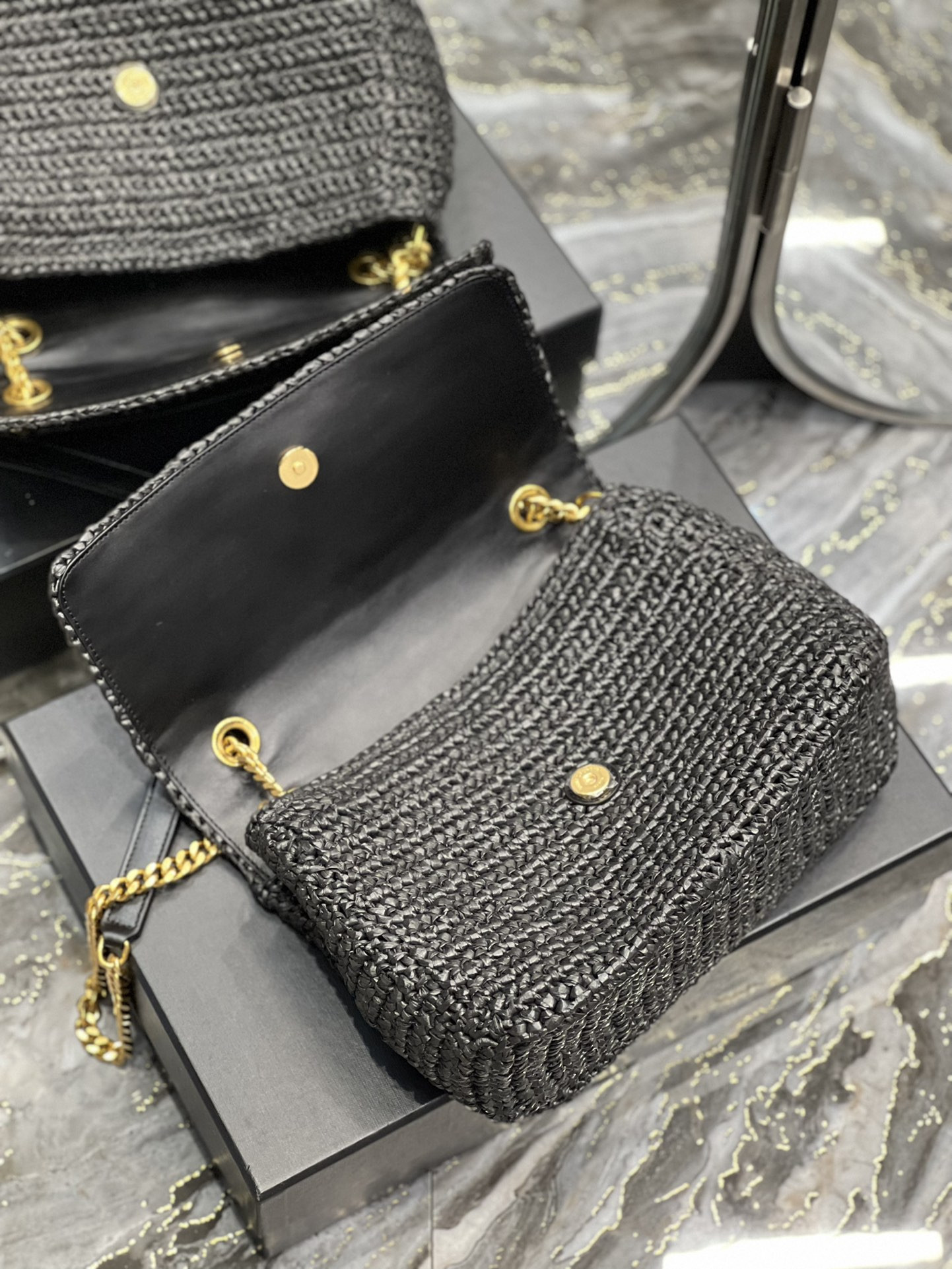 Y51 NIKI MEDIUM CHAIN BAG IN RAFFIA AND LEATHER BLACK 11 X 7.8 X 3.3 INCHES
