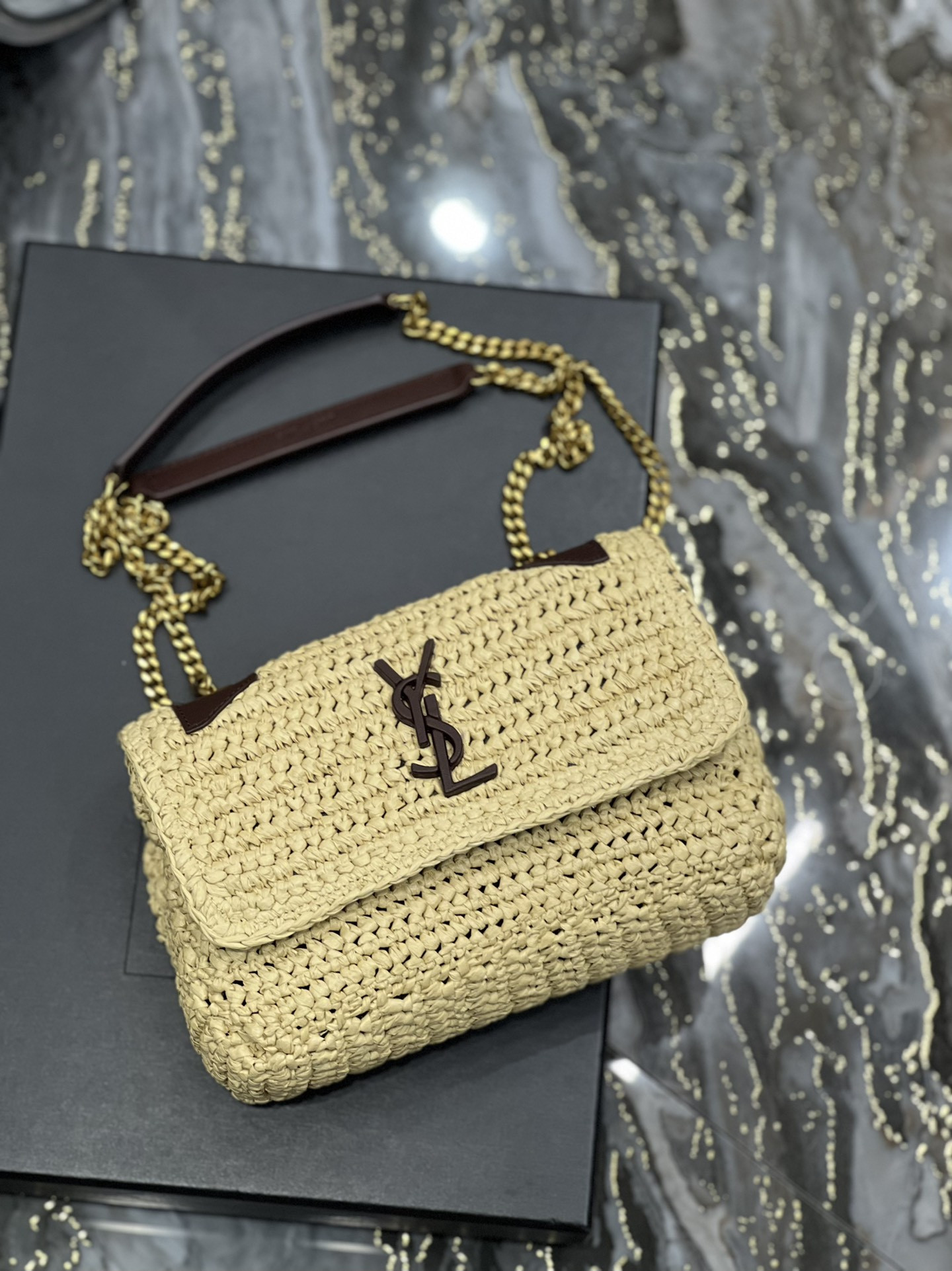 Y51 NIKI CHAIN BAG IN RAFFIA AND LEATHER BEIGE 22×16.5×12 CM