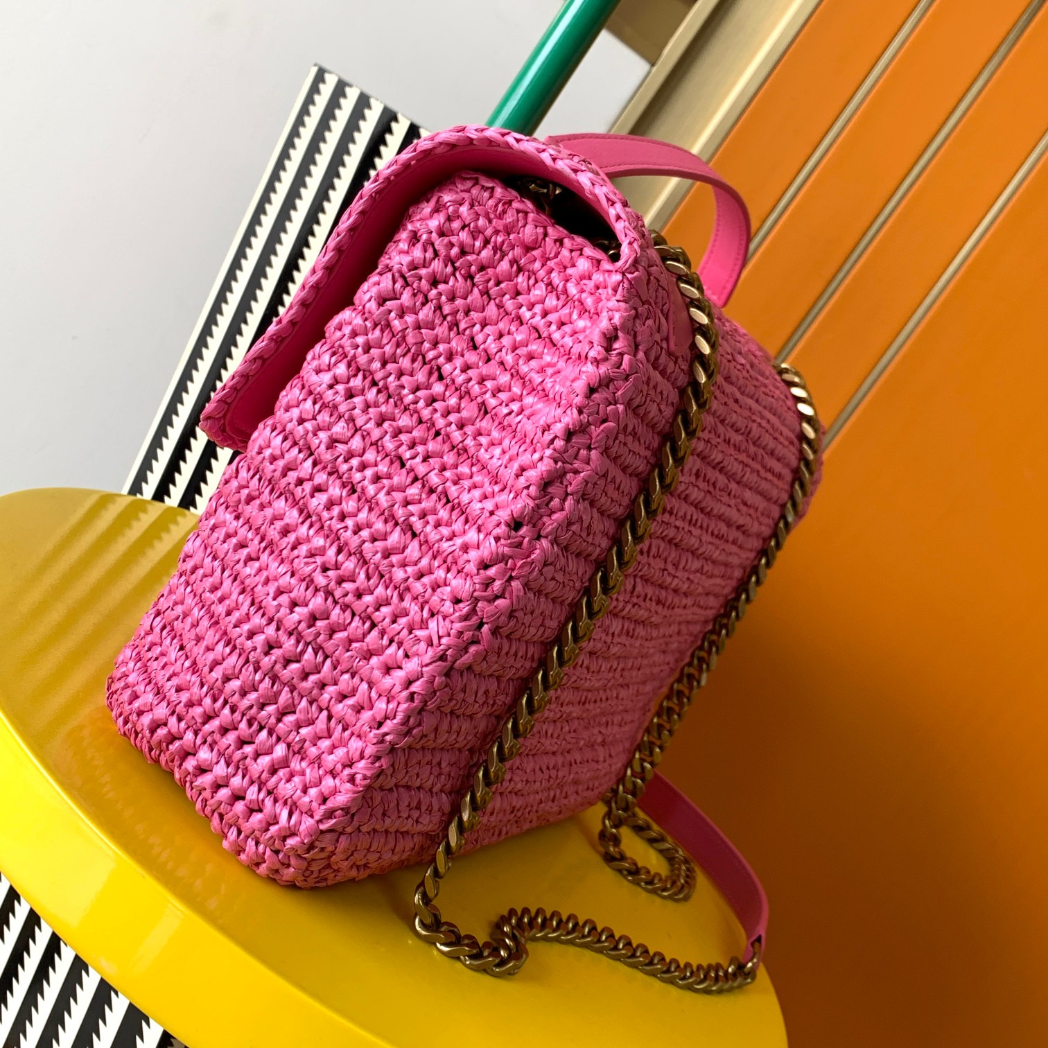 Y51 NIKI MEDIUM CHAIN BAG IN RAFFIA AND LEATHER 11 X 7.8 X 3.3 INCHES