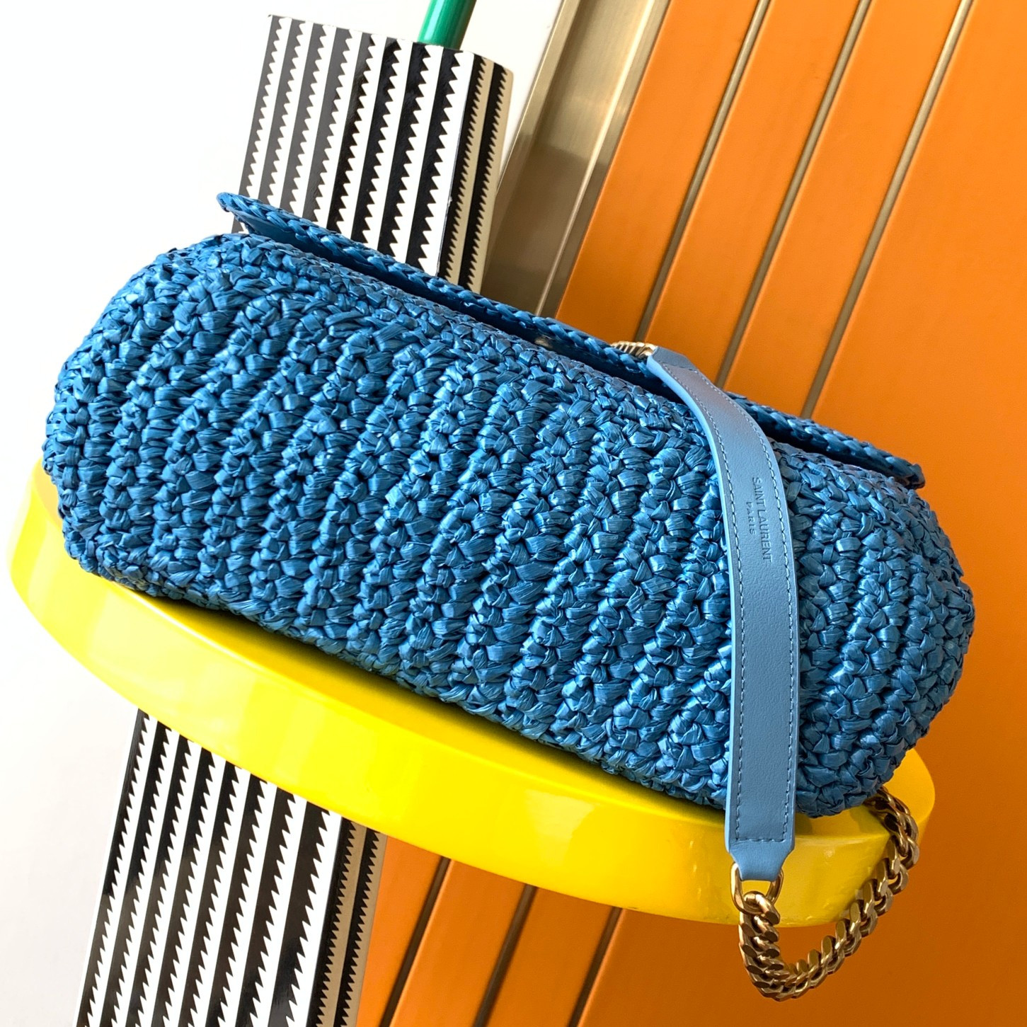 Y51 NIKI MEDIUM CHAIN BAG IN RAFFIA AND LEATHER BLUE 11 X 7.8 X 3.3 INCHES