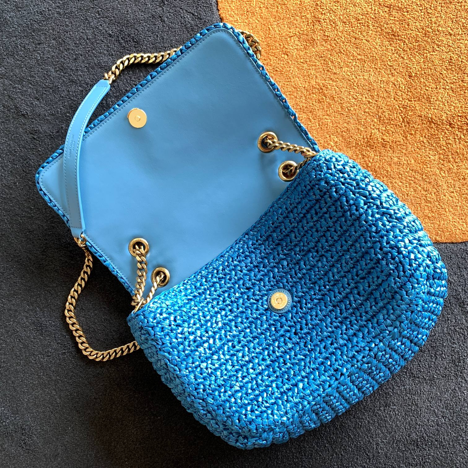 Y51 NIKI MEDIUM CHAIN BAG IN RAFFIA AND LEATHER BLUE 11 X 7.8 X 3.3 INCHES