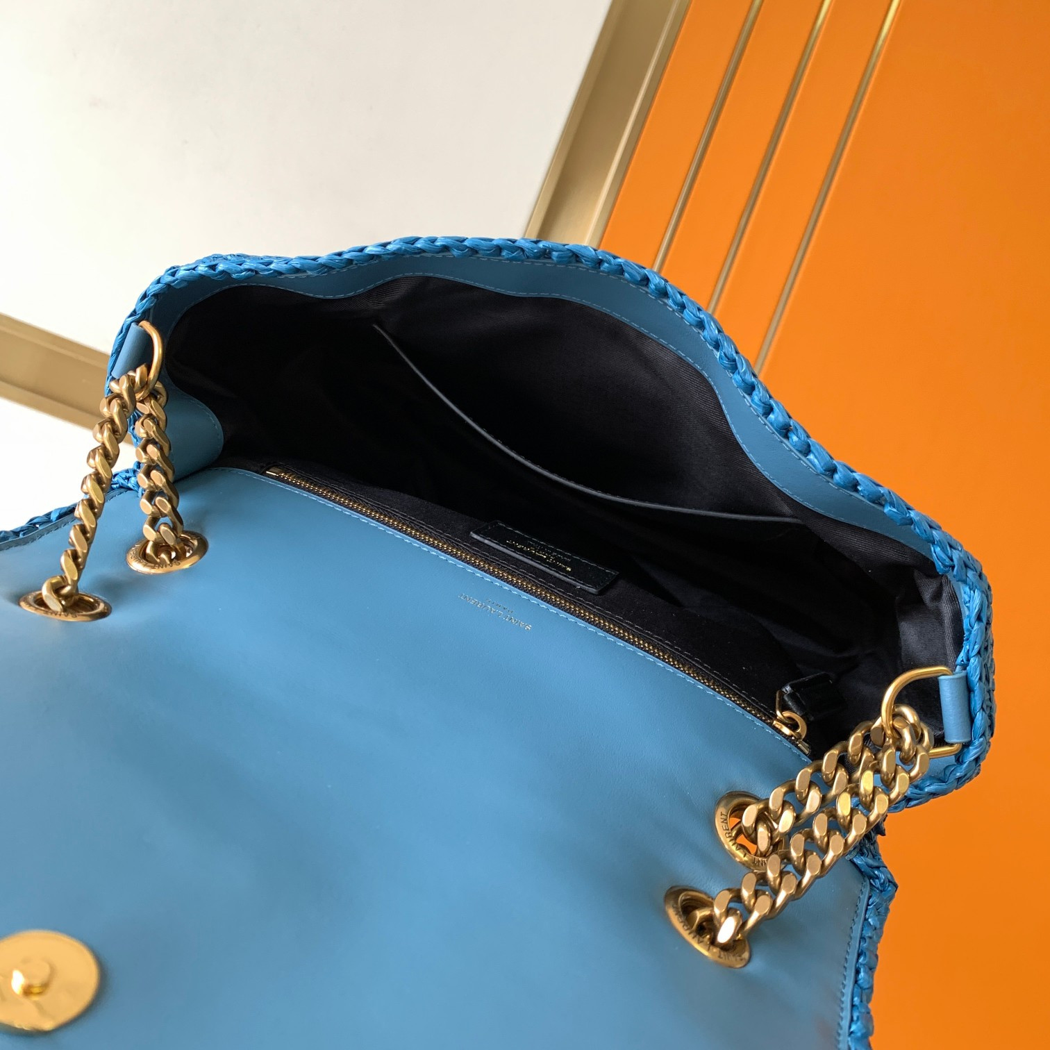 Y51 NIKI MEDIUM CHAIN BAG IN RAFFIA AND LEATHER BLUE 11 X 7.8 X 3.3 INCHES