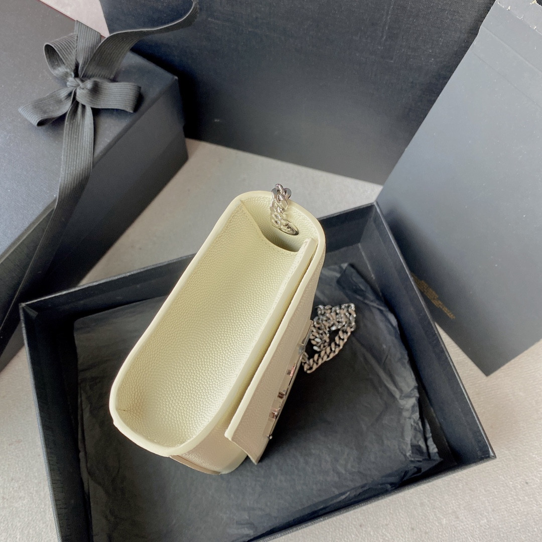 Y51 KATE SMALL IN GRAIN DE POUDRE EMBOSSED LEATHER WHITE SILVER 7.8 X 4.9 X 1.9 INCHES