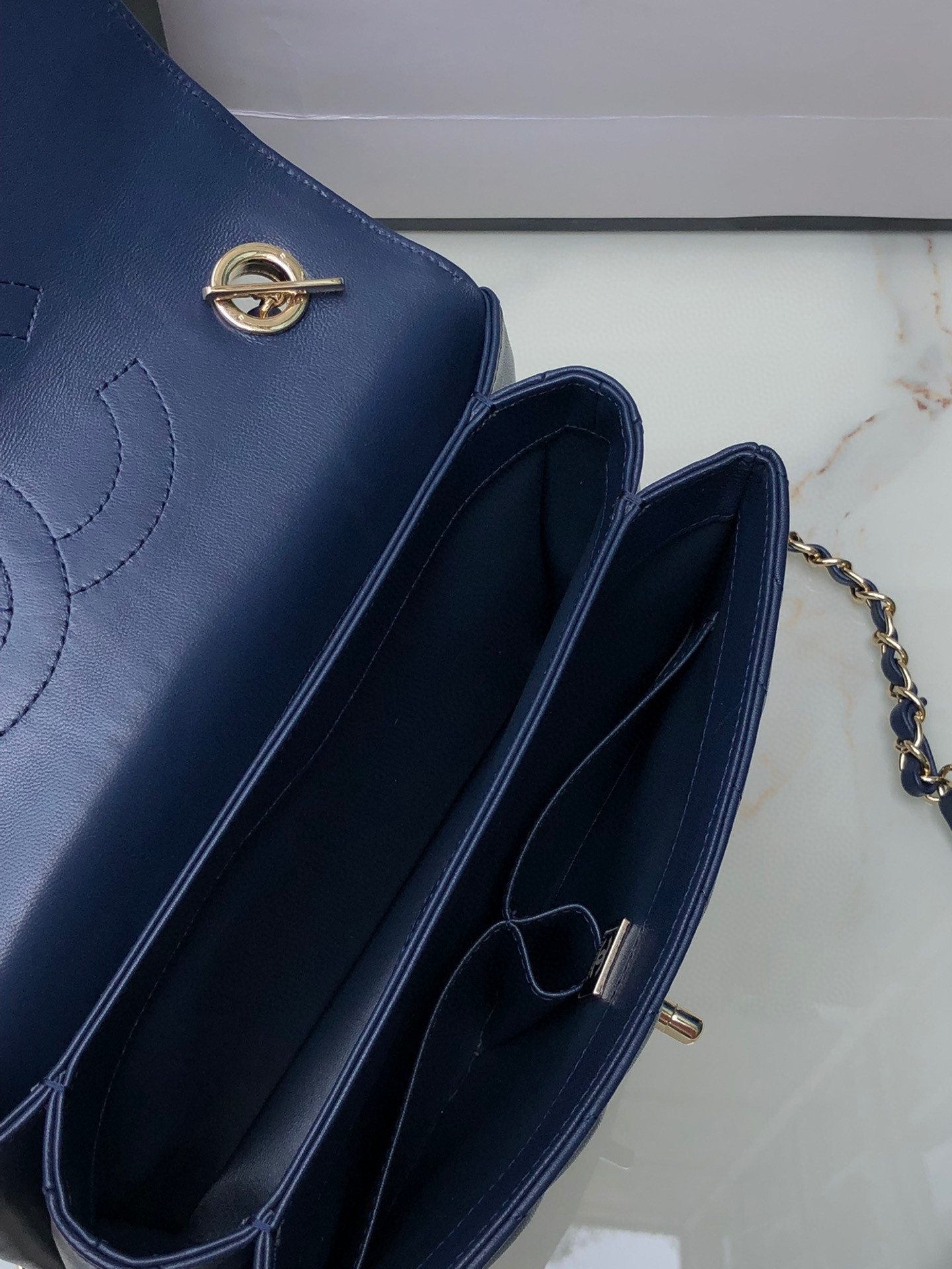 Ch**el FLAP BAG WITH TOP HANDLE NAVY 6.6 × 9.8 × 4.7 in