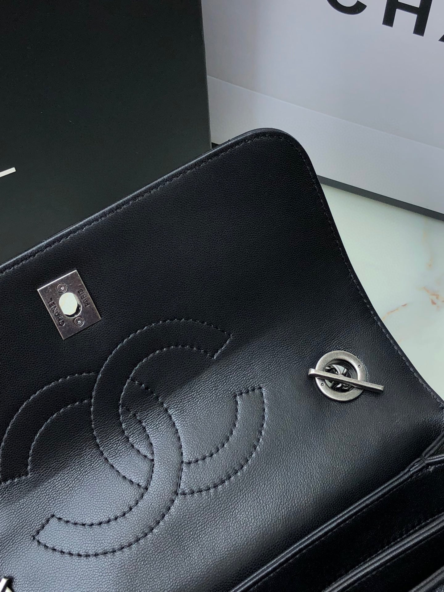 Ch**el FLAP BAG WITH TOP HANDLE 6.6 × 9.8 × 4.7 in