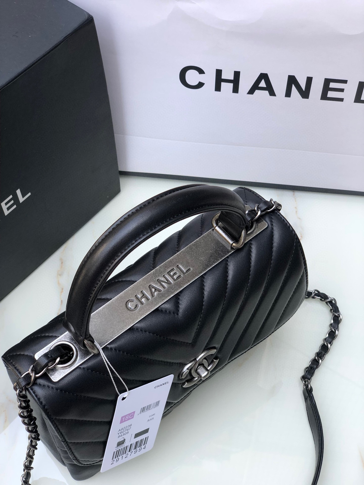 Ch**el FLAP BAG WITH TOP HANDLE 6.6 × 9.8 × 4.7 in