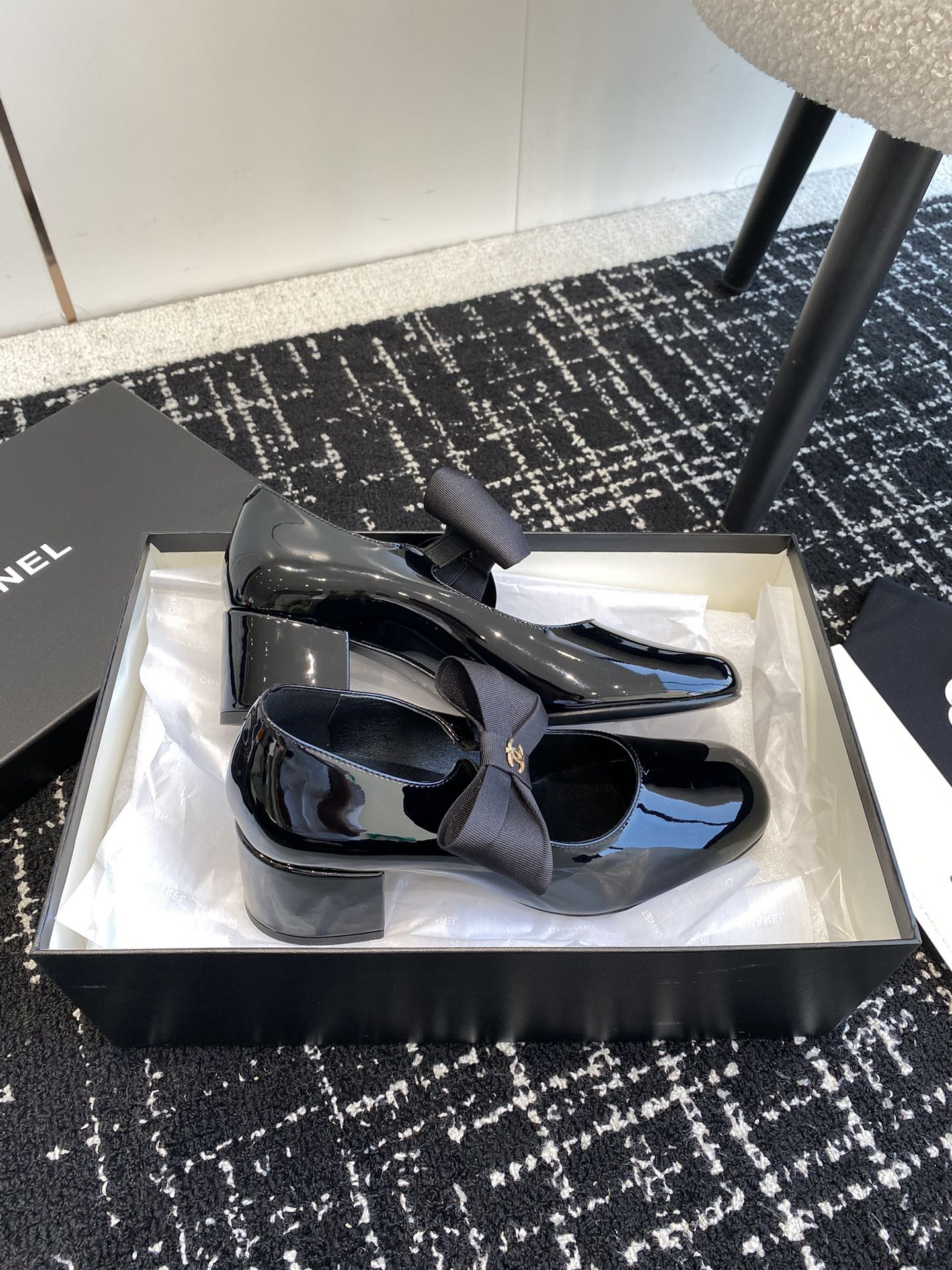 UA Ch**el MARY JANES Patent Calfskin & Grosgrain