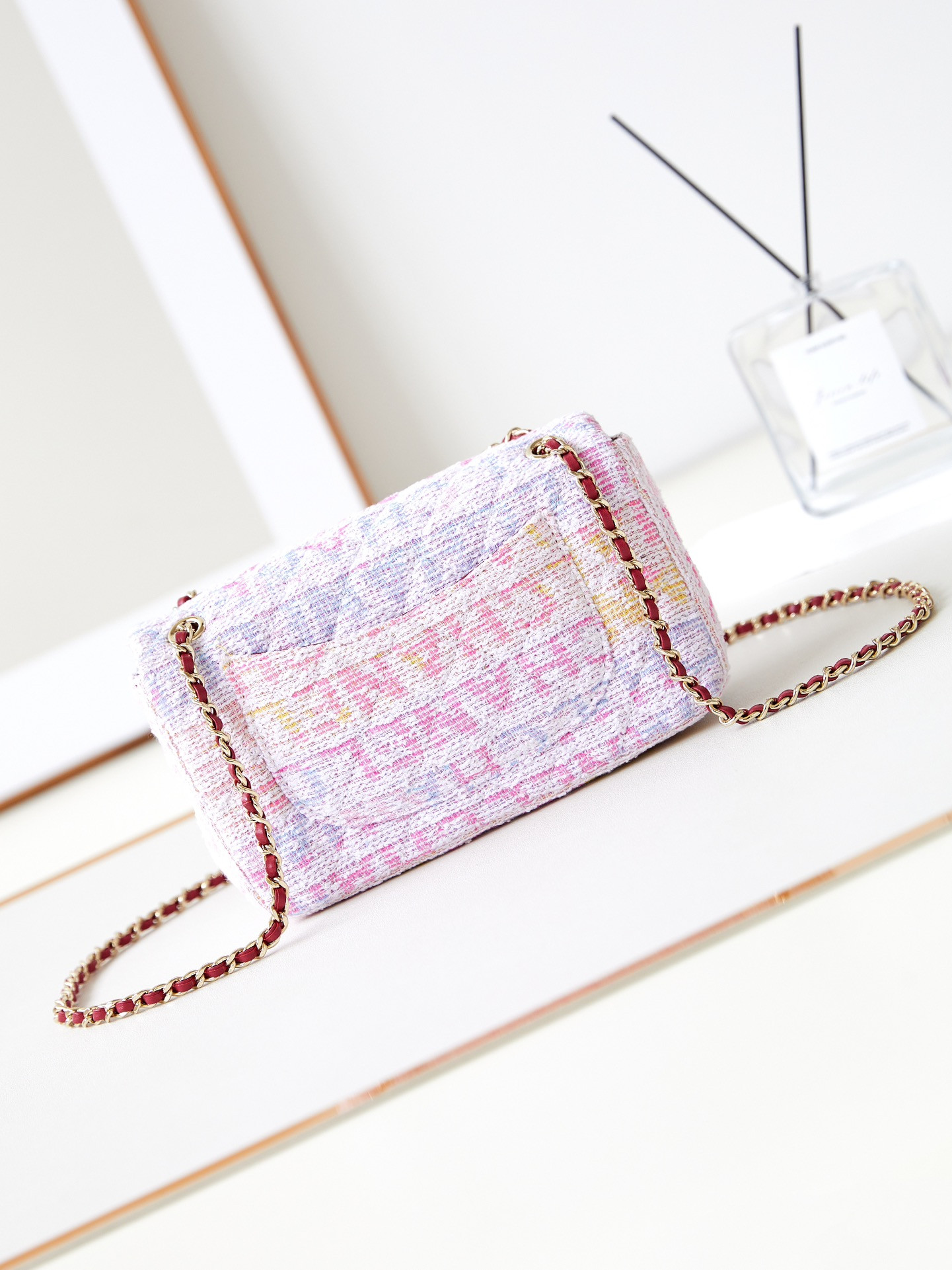 Ch**el Quilted Pink Multicolor Tweed Mini Rectangular Flap Bag 20×10×7cm