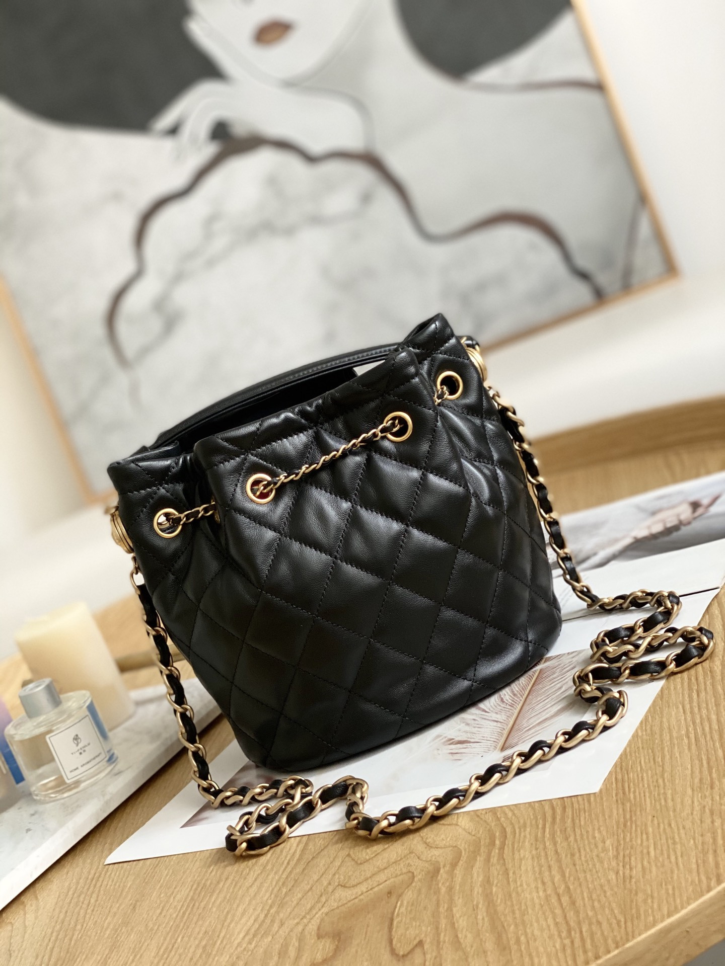 Ch**el Drawstring Button Bucket Bag 21x24x14cm