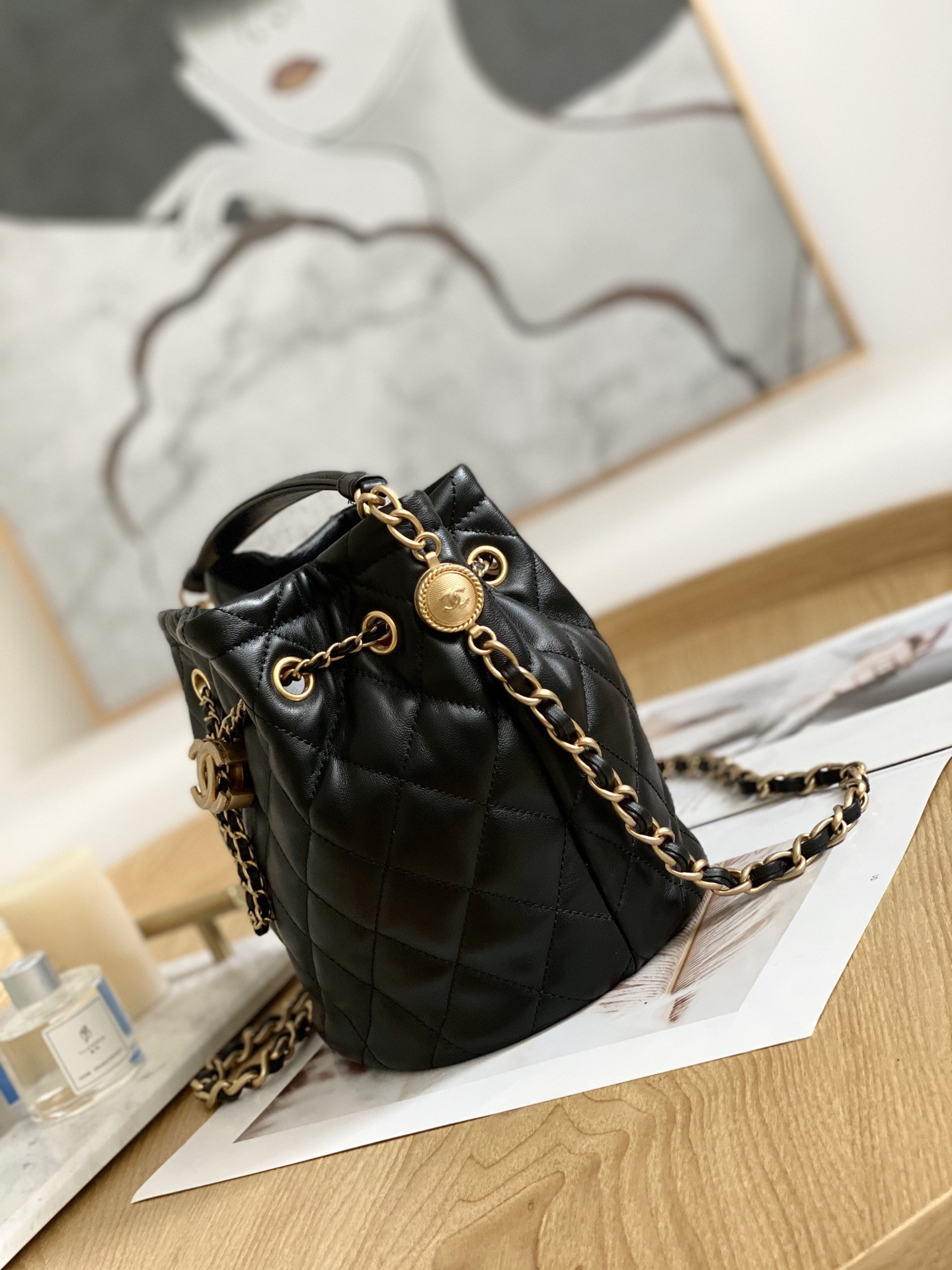 Ch**el Drawstring Button Bucket Bag 21x24x14cm