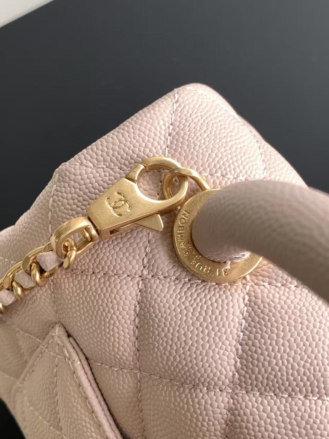 Ch**el Mini Flap Bag with Top Handle Grained Calfskin & Gold-Tone Metal AS2215 13x19x9cm