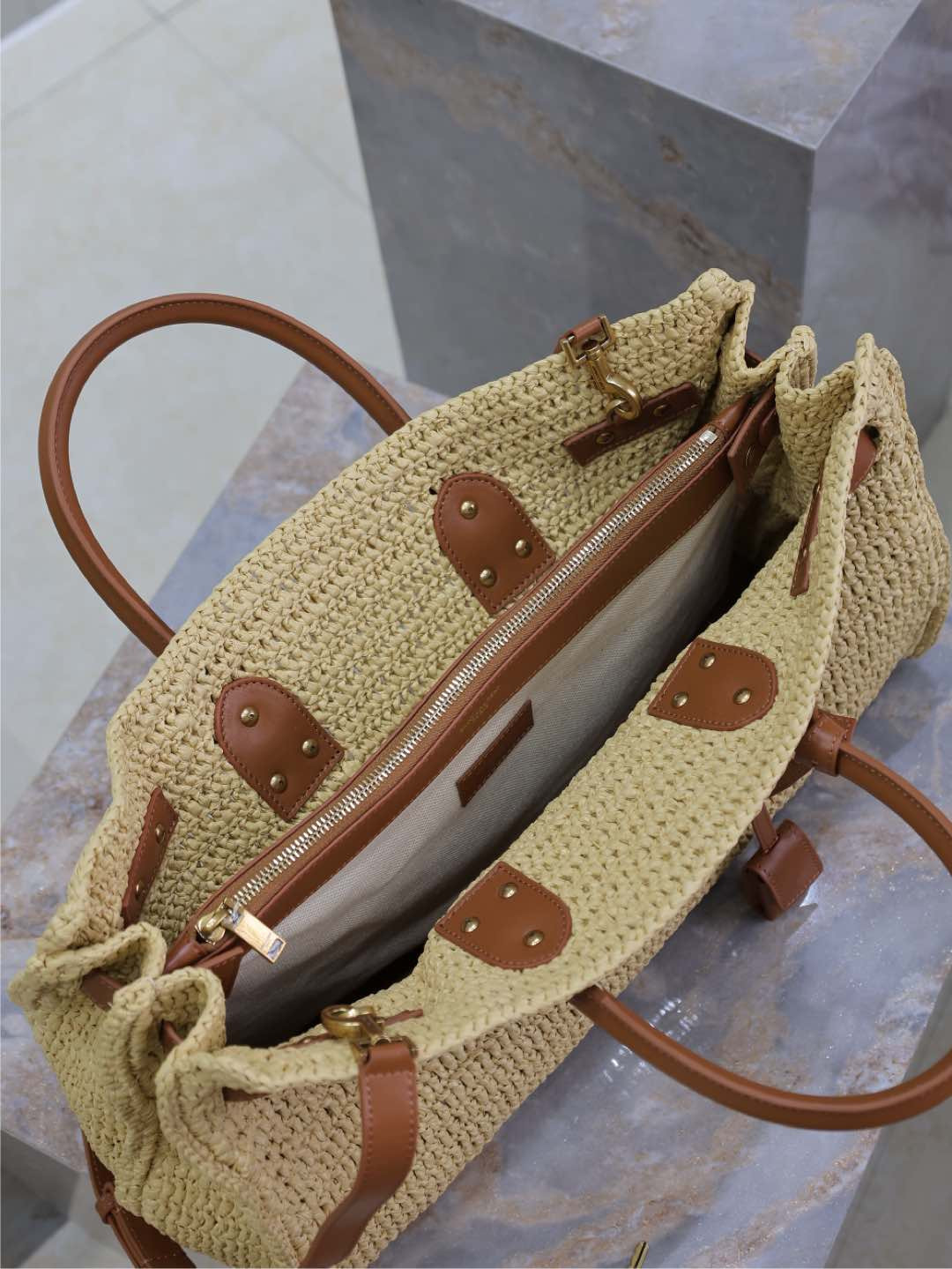 Y51 SAC DE jour S*pple in raffia and leather - medium 41x28x13cm