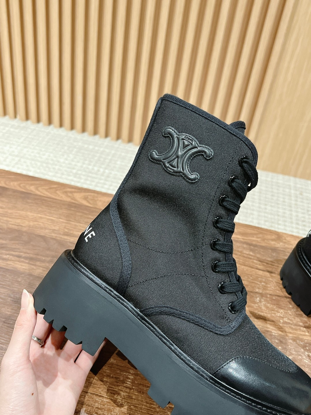 UA Ce1i*e Bulky Laced UP Boot in Nylon and Shiny Bull 4.5cm Heel