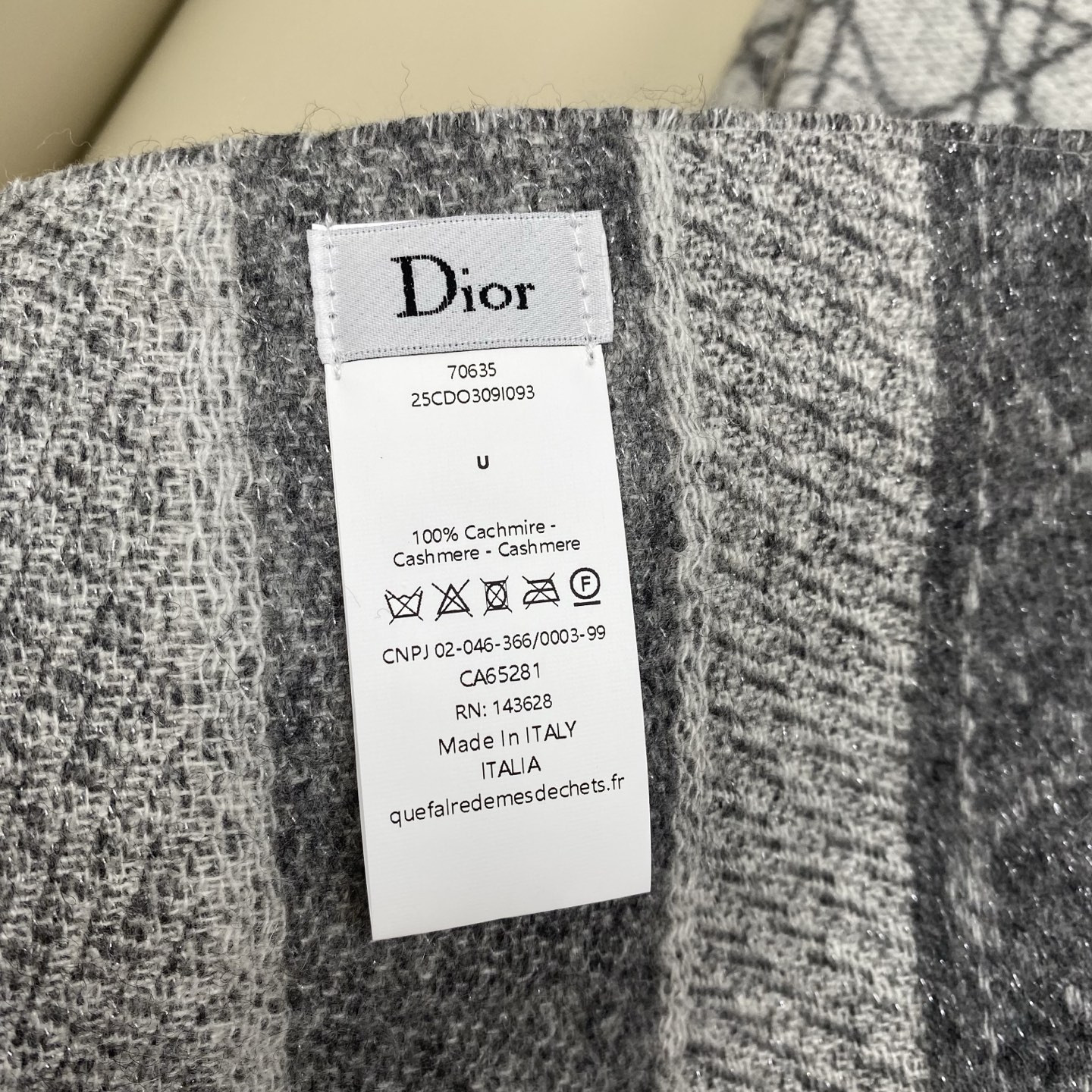 Dior Cannage scarf 220x45cm 67% cashmere 43% virgin wool